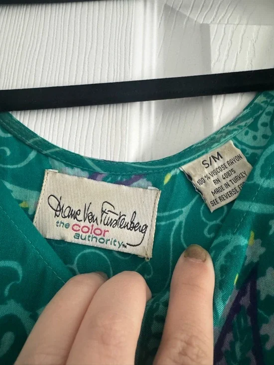 Vintage 90s Diane Von Furstenberg Teal Green Paisley Tie Back Dress S/M - Picture 6 of 6